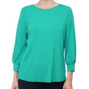 Adrianna Papell Green Polka-dot Blouse Crewneck 3/4 Sleeves Crepe Top Sz Med